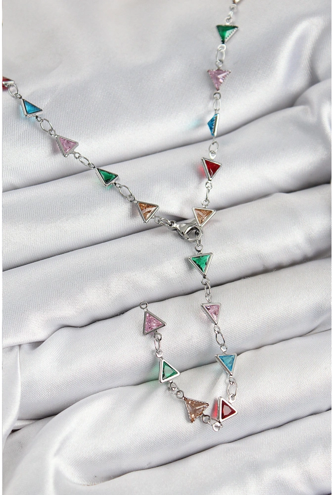 Shoecide Pirinç Renkli Zirkon Taşlı Üçgen Model Gümüş Renk Kadın Y Kolye