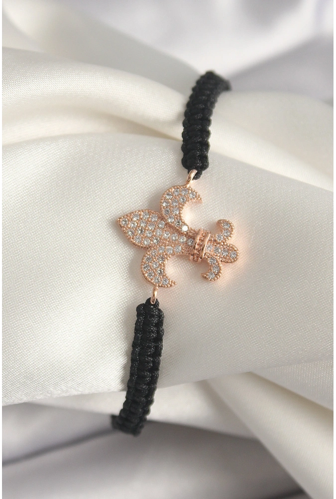 Shoecide Pirinç Rose Renk Zirkon Taşlı Zambak Model Asansörlü Makrome Model Kadın Bileklik