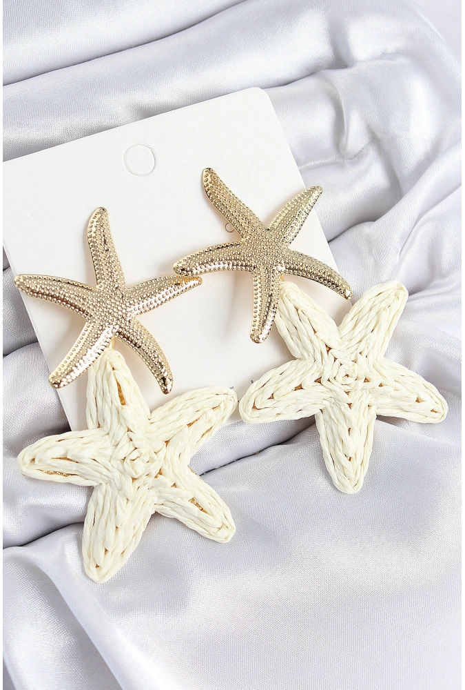 Shoecide Pirinç Sallantılı Krem Deniz Yıldızı Model Gold Renk Hasır Küpe