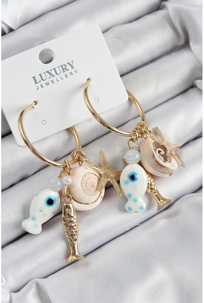 Shoecide Pirinç Sallantılı Seramik Balık Ve Deniz Kabuğu Model Gold Renk Kadın Küpe