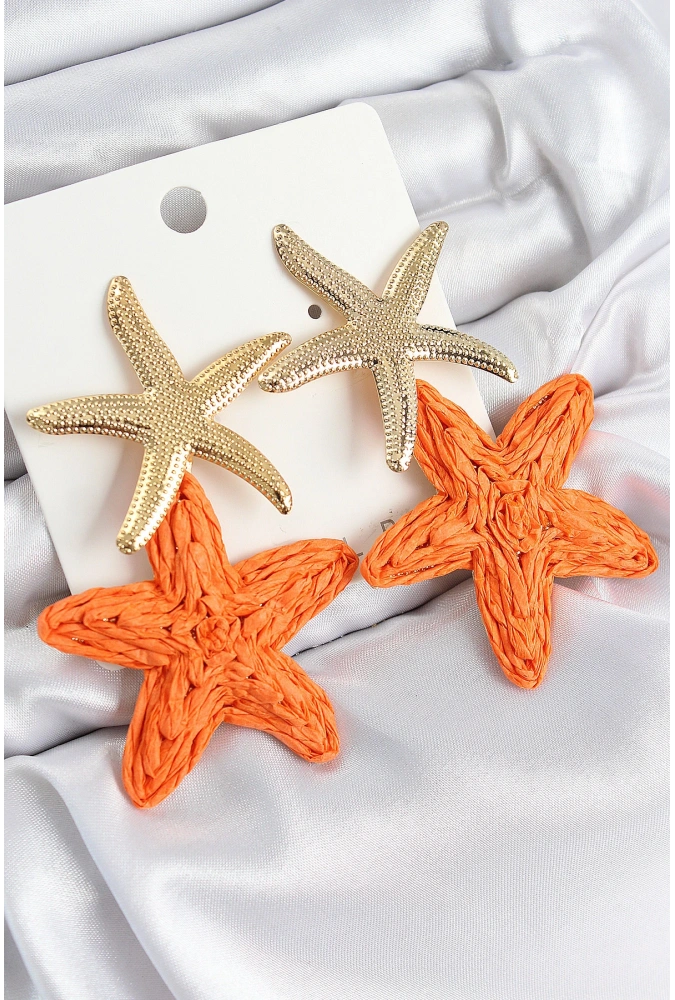 Shoecide Pirinç Sallantılı Turuncu Deniz Yıldızı Model Gold Renk Hasır Küpe