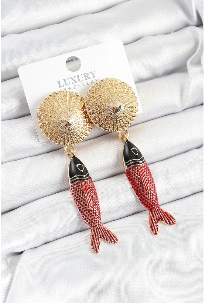 Shoecide Pirinç Sallantılı Zirkon Taşlı Kırmızı Siyah Balık Model Gold Renk Kadın Küpe