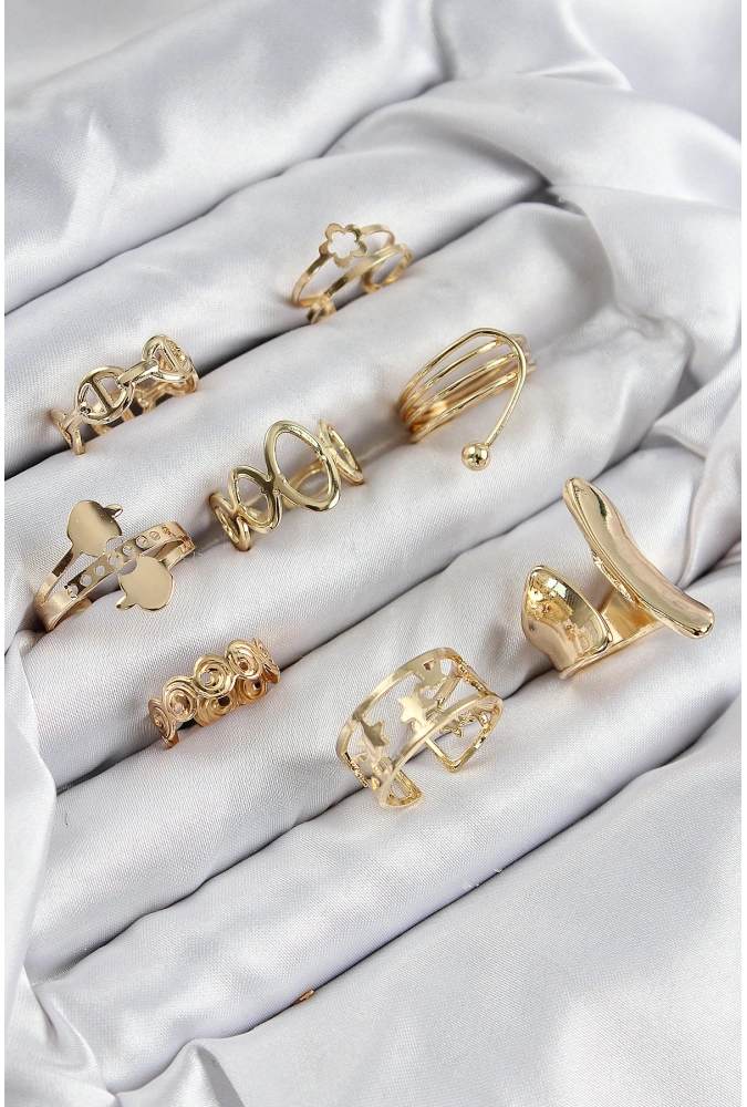Shoecide Pirinç Sarmal Ve Yıldız Model Gold Renk Kadın Yüzük Kombin Set
