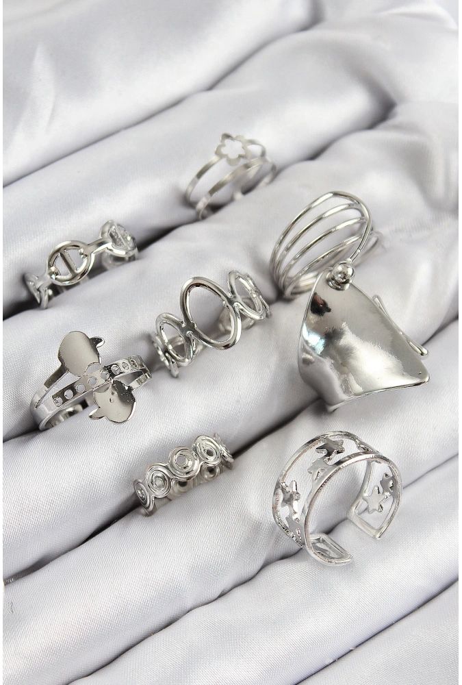 Shoecide Pirinç Sarmal Ve Yıldız Model Gümüş Renk Kadın Yüzük Kombin Set