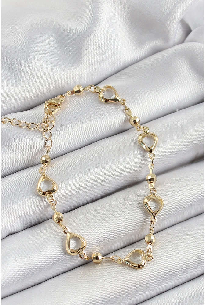 Shoecide Pirinç Şeffaf Kalp Model Gold Renk Zirkon Taşlı Kadın Bileklik