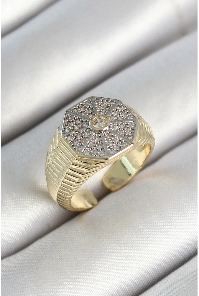 Shoecide Pirinç Sekizgen Figür Zirkon Taşlı Gold Renk Ayarlanabilir Kadın Yüzük