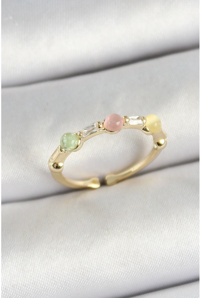 Shoecide Pirinç Sıralı Boncuk Figürlü Zirkon Taşlı Gold Renk Ayarlanabilir Kadın Yüzük