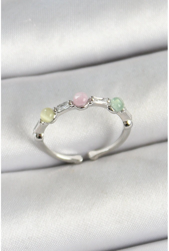 Shoecide Pirinç Sıralı Boncuk Figürlü Zirkon Taşlı Gümüş Renk Ayarlanabilir Kadın Yüzük