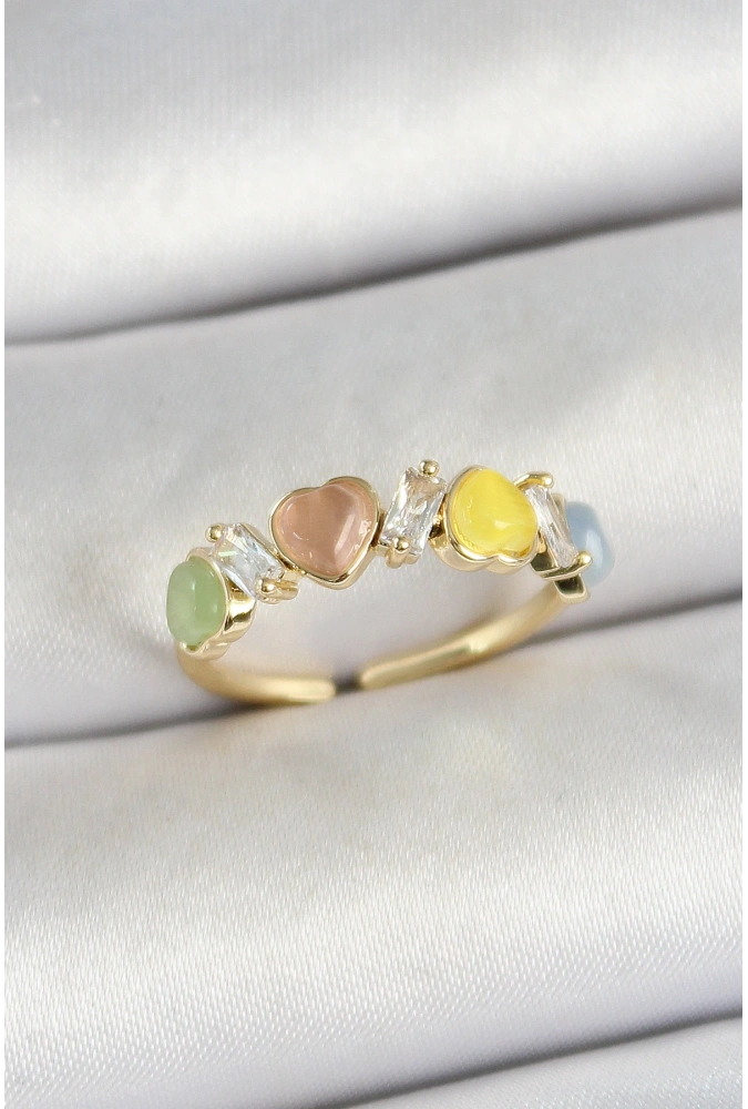 Shoecide Pirinç Sıralı Kalp Figürlü Zirkon Taşlı Gold Renk Ayarlanabilir Kadın Yüzük