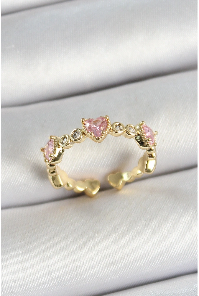 Shoecide Pirinç Sıralı Kalp Figürlü Zirkon Taşlı Gold Renk Ayarlanabilir Kadın Yüzük