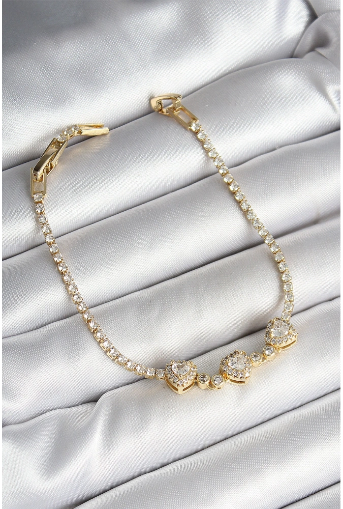 Shoecide Pirinç Sıralı Kalp Figürlü Zirkon Taşlı Gold Renk Kadın Bileklik