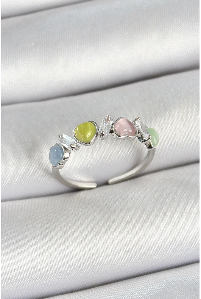 Shoecide Pirinç Sıralı Kalp Figürlü Zirkon Taşlı Gümüş Renk Ayarlanabilir Kadın Yüzük