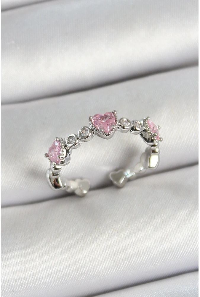 Shoecide Pirinç Sıralı Kalp Figürlü Zirkon Taşlı Gümüş Renk Ayarlanabilir Kadın Yüzük