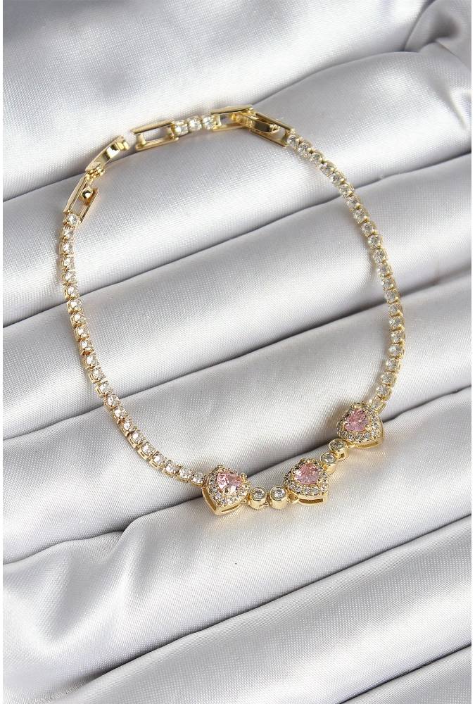 Shoecide Pirinç Sıralı Pembe Kalp Figürlü Zirkon Taşlı Gold Renk Kadın Bileklik