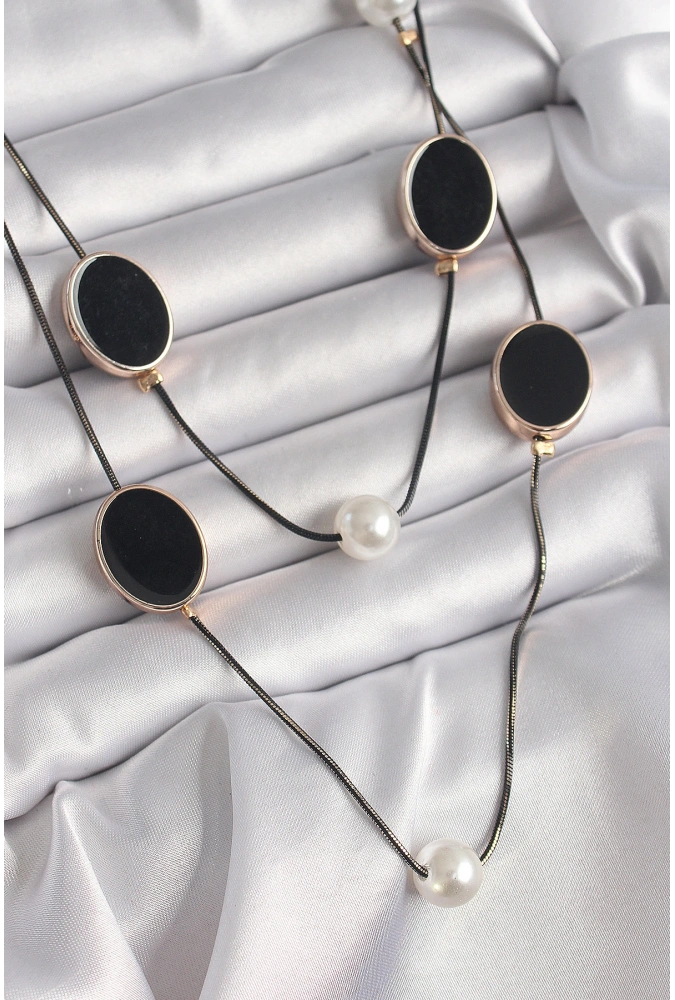 Shoecide Pirinç Siyah Renk Zincir İnci Detaylı Çoklu Kadın Kolye