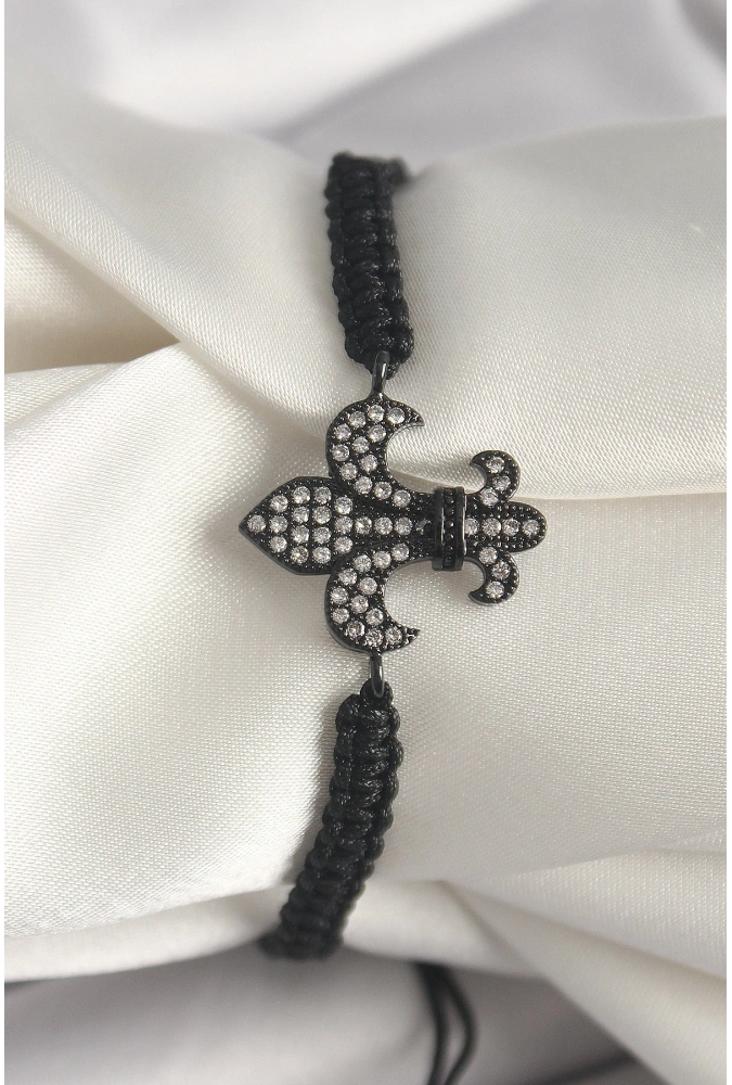 Shoecide Pirinç Siyah Renk Zirkon Taşlı Zambak Figür Asansörlü Makrome Model Kadın Bileklik