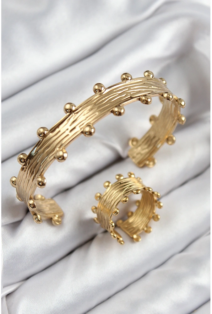 Shoecide Pirinç Topcuk Model Gold Renk Bileklik Yüzük Set