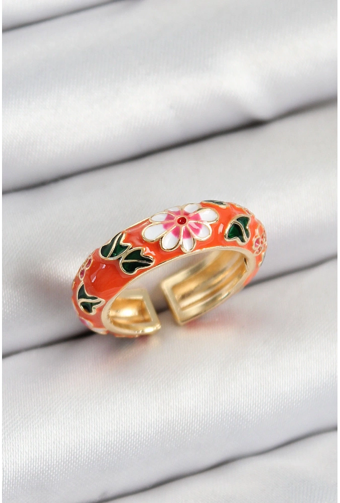 Shoecide Pirinç Turuncu Mineli Çiçek Motifli Gold Renk Ayarlanabilir Kadın Yüzük