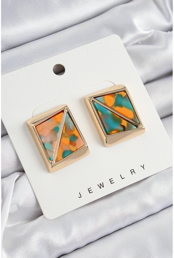 Shoecide Pirinç  Turuncu Yeşil Üçgen Kesim Detaylı Kare Model Vintage Gold Renk Kadın Küpe