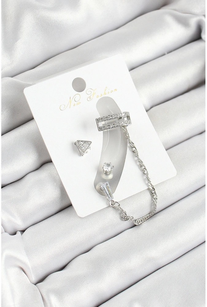 Shoecide Pirinç Üçgen Figürlü Zirkon Taşlı Gümüş Renk 3lü Kıkırdak Kadın Küpe Set