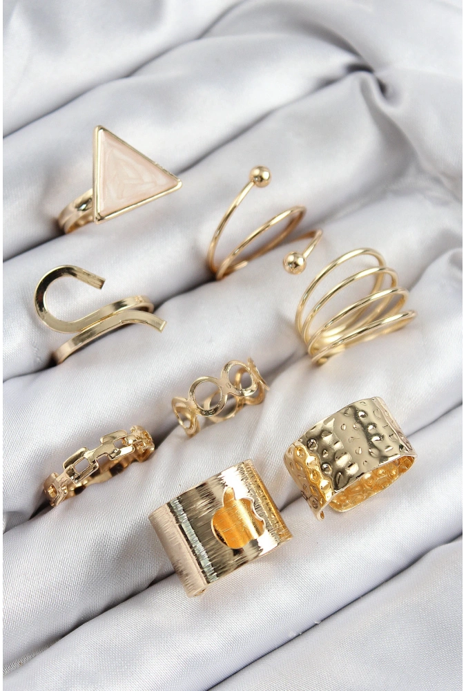 Shoecide Pirinç Üçgen Model Gold Renk Kadın Yüzük Kombin Set
