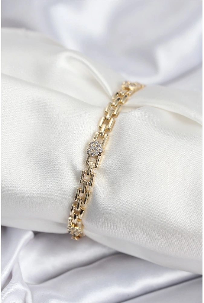 Shoecide Pirinç Vıp Seri Gold Renk Zincir Model Kalpli Zirkon Taşlı Kadın Bileklik