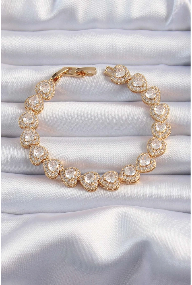 Shoecide Pirinç Vip Seri Gold Renk Zirkon Taşlı Kalp Model Bileklik