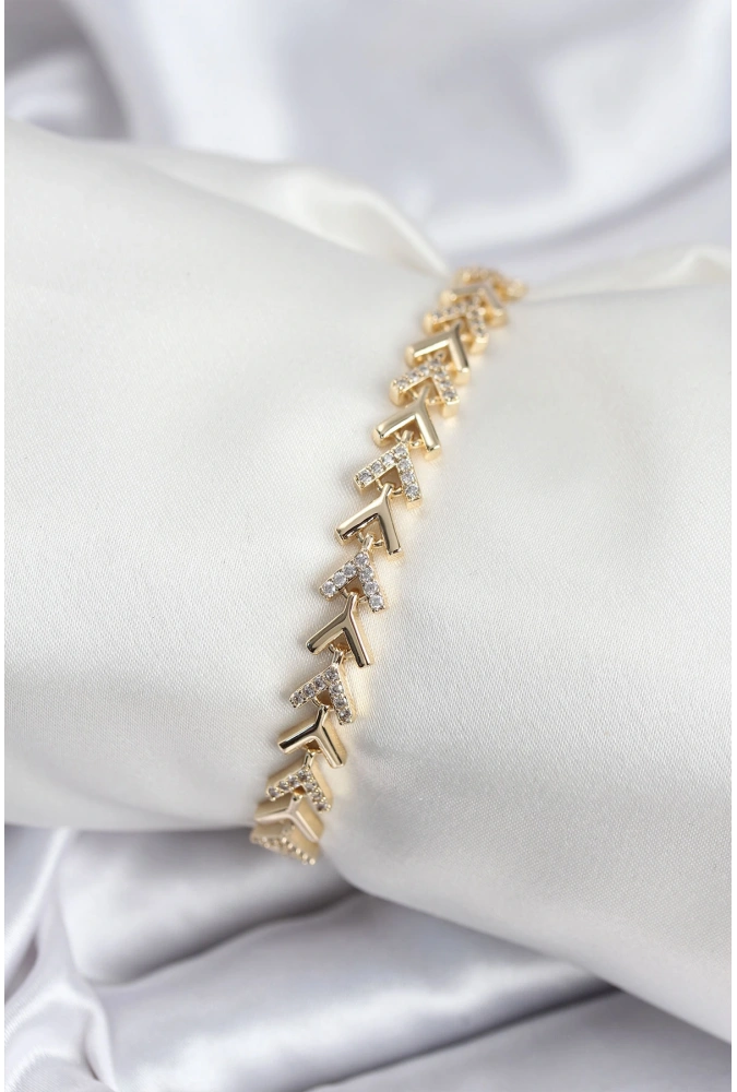 Shoecide Pirinç Vıp Seri Gold Zirkon Taşlı Balık Sırtı Model Kadın Bileklik