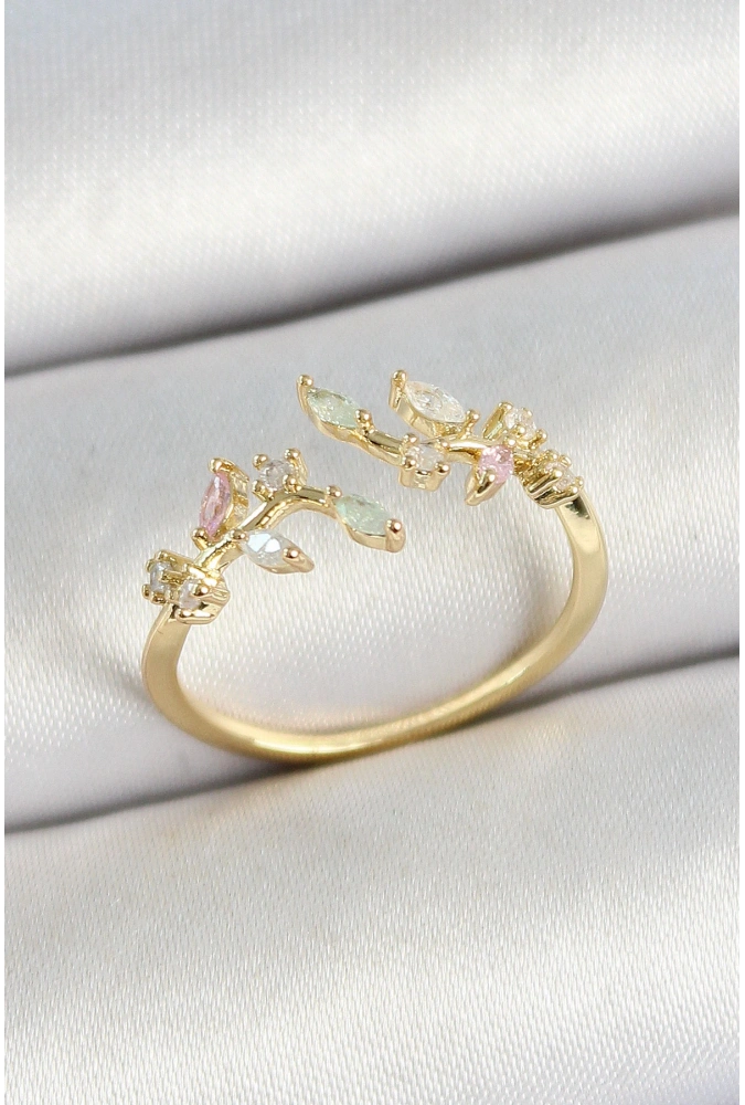 Shoecide Pirinç Yaprak Figürlü Zirkon Taşlı Gold Renk Ayarlanabilir Kadın Yüzük