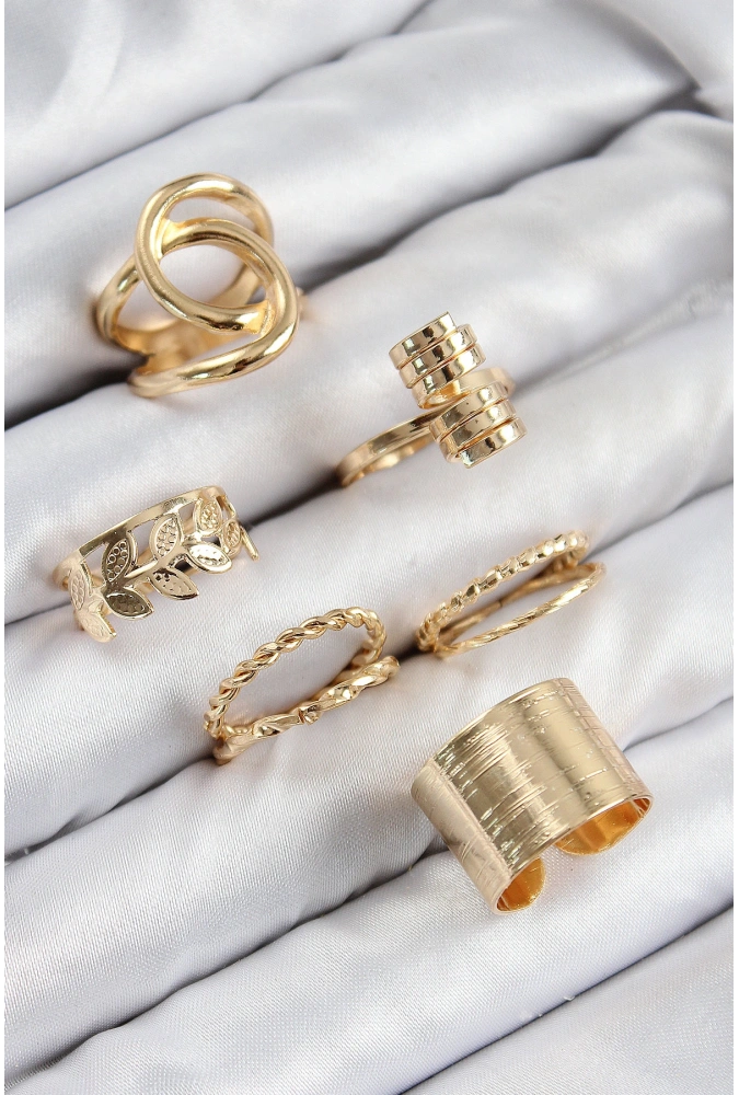Shoecide Pirinç Yaprak Model Gold Renk Kadın Yüzük Kombin Set