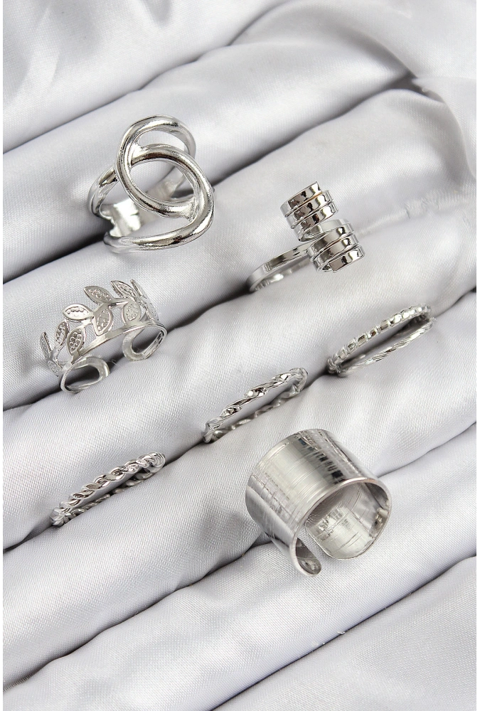 Shoecide Pirinç Yaprak Model Gümüş Renk Kadın Yüzük Kombin Set