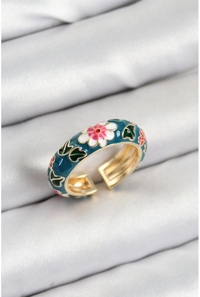 Shoecide Pirinç Yeşil Mineli Çiçek Motifli Gold Renk Ayarlanabilir Kadın Yüzük