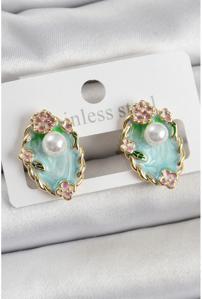 Shoecide Pirinç Yeşil Mineli İnci Detaylı Sanatsal Portre Model Gold Renk Kadın Küpe