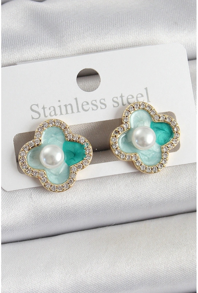 Shoecide Pirinç Yeşil Mineli İnci Detaylı Zirkon Taşlı Sanatsal Portre Yonca Model Gold Renk Kadın Küpe