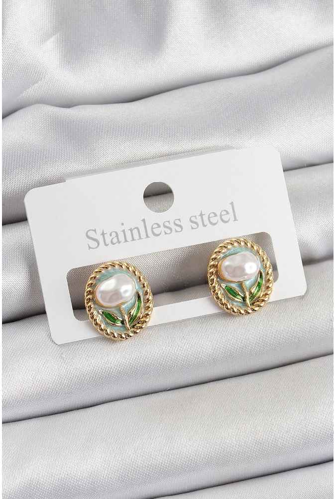 Shoecide Pirinç Yeşil Mineli Lale Figürlü Sanatsal Portre Model Gold Renk Kadın Küpe