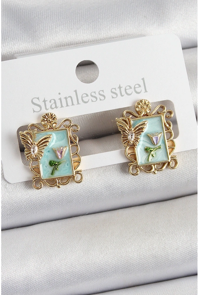 Shoecide Pirinç Yeşil Mineli Sanatsal Portre Model Gold Renk Kadın Küpe