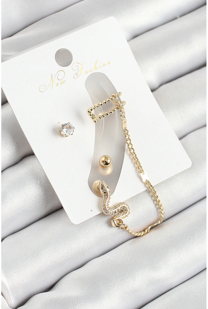Shoecide Pirinç Yılan Figürlü Zirkon Taşlı Gold Renk 3lü Kıkırdak Kadın Küpe Set