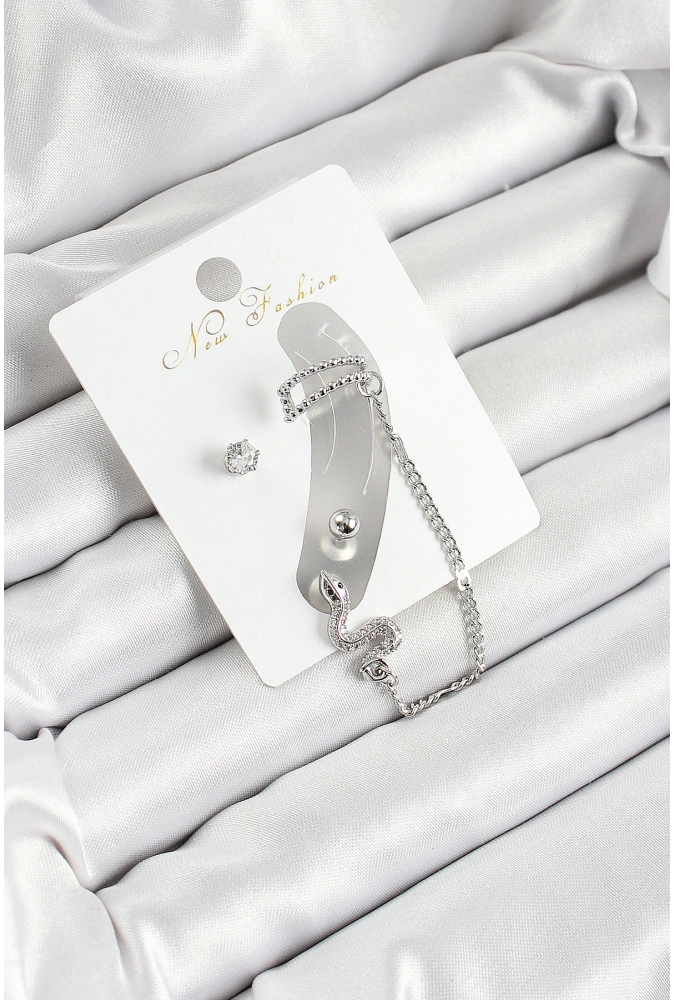 Shoecide Pirinç Yılan Figürlü Zirkon Taşlı Gümüş Renk 3lü Kıkırdak Kadın Küpe Set