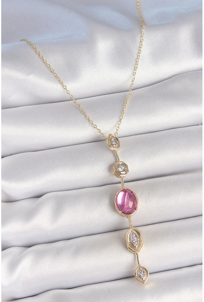 Shoecide Pirinç Zincir Gold Renk Pembe Zirkon Taşlı Y Kolye