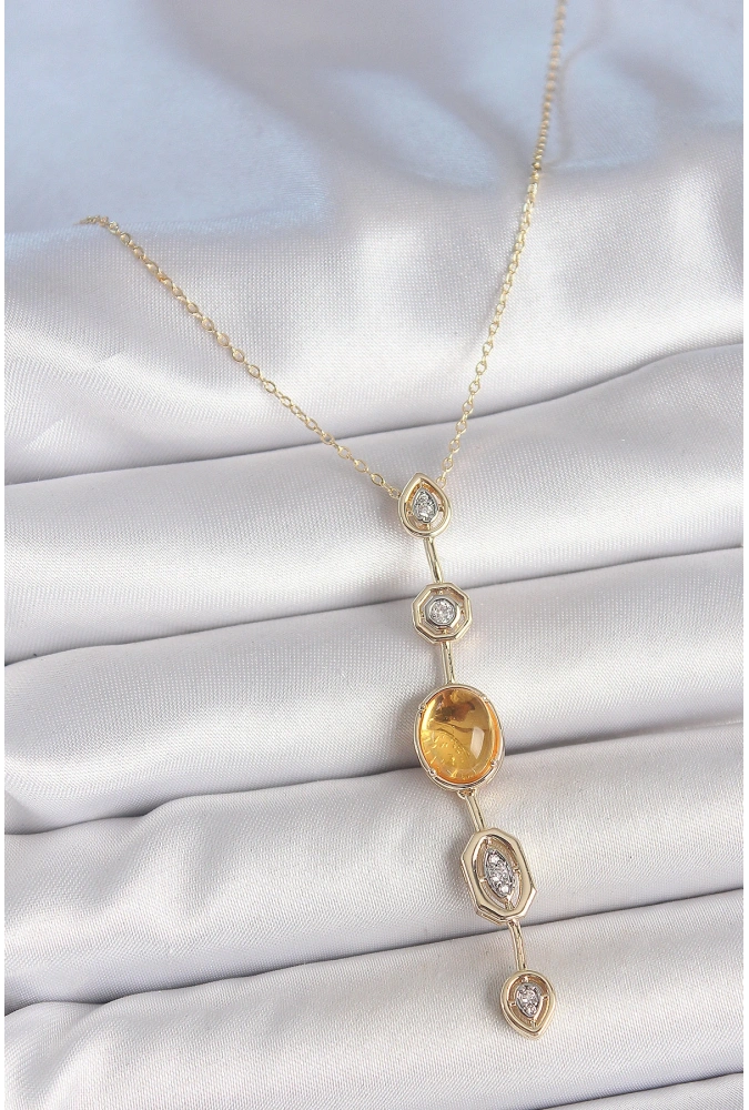 Shoecide Pirinç Zincir Kehribar Sarı Gold Renk  Zirkon Taşlı Y Kolye