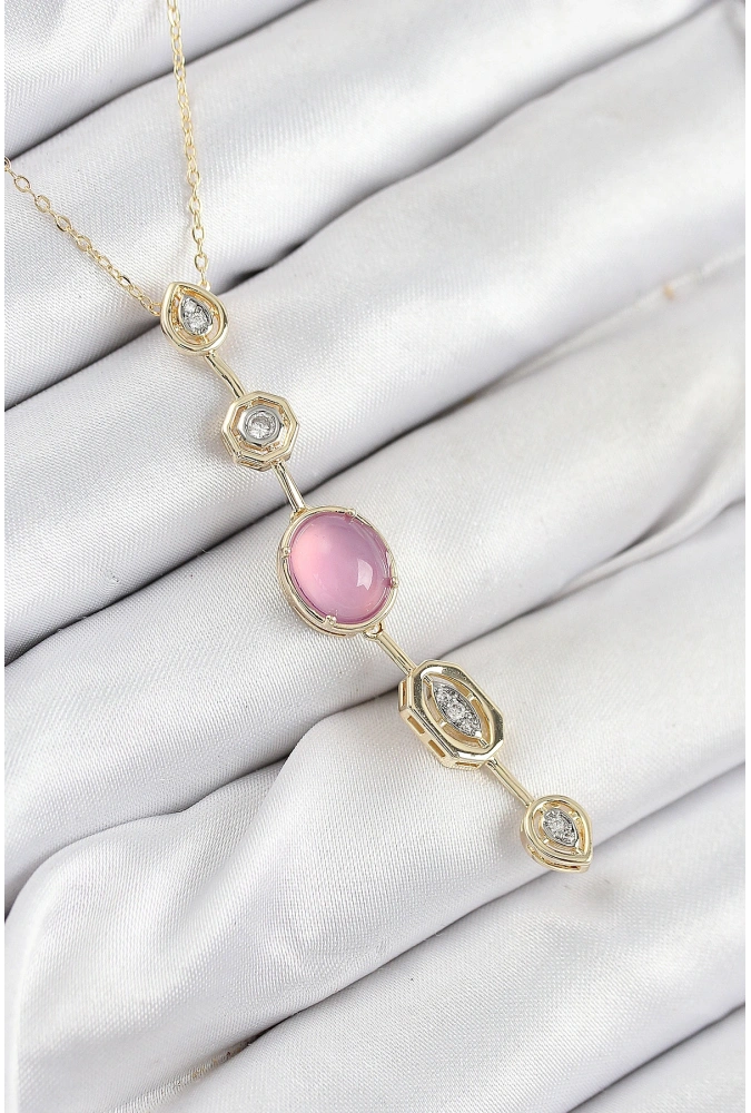 Shoecide Pirinç Zincir Pembe Gold Renk Zirkon Taşlı Y Kolye