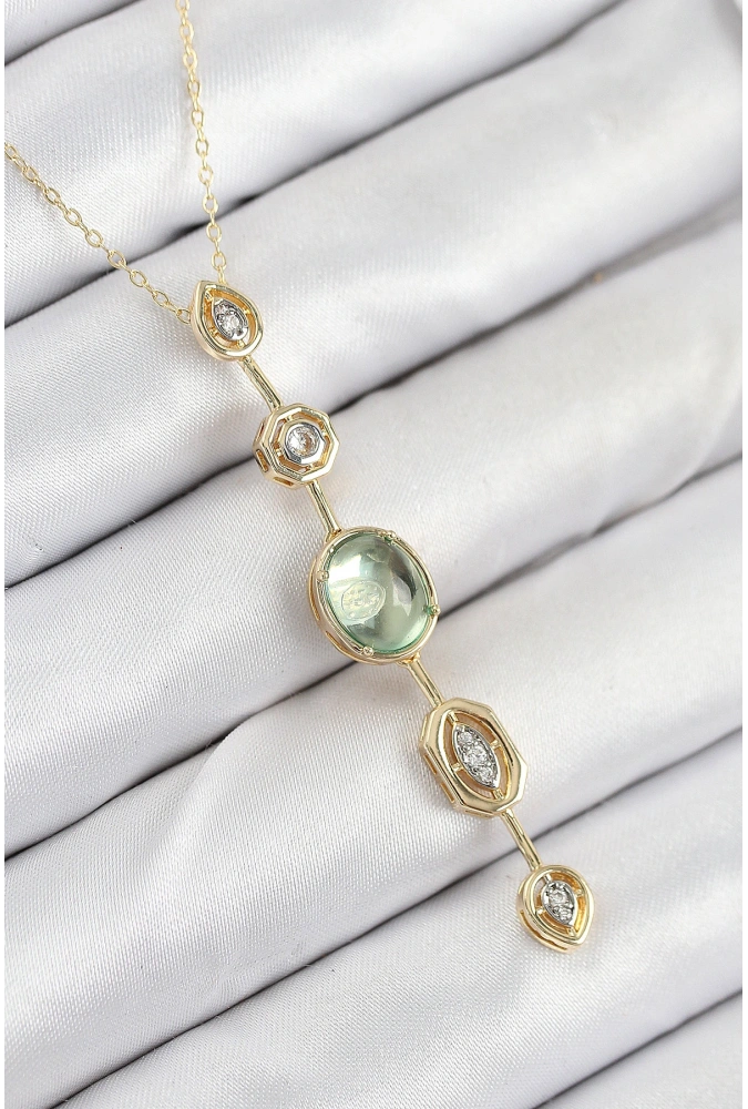 Shoecide Pirinç Zincir Yeşil Gold Renk Zirkon Taşlı Y Kolye