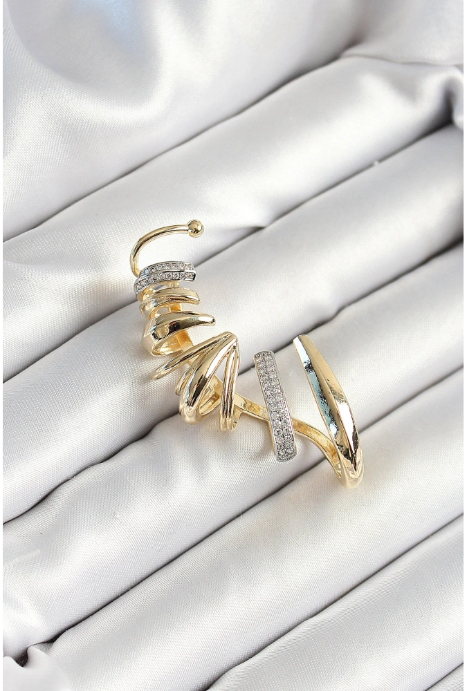 Shoecide Pirinç Zirkon Taş Kaplamalı Sarmal Figürlü Gold Renk Kadın Sağ Kıkırdak Küpe