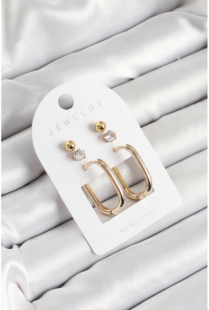 Shoecide Pirinç Zirkon Taş Ve Dikdörtgen Figürlü Gold Renk 3lü Çift Kadın Küpe Set