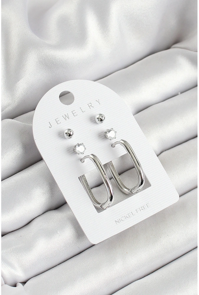 Shoecide Pirinç Zirkon Taş Ve Dikdörtgen Figürlü Gümüş Renk 3lü Çift Kadın Küpe Set