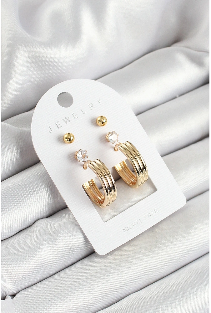 Shoecide Pirinç Zirkon Taş Ve Halka Figürlü Gold Renk 3lü Çift Kadın Küpe Set