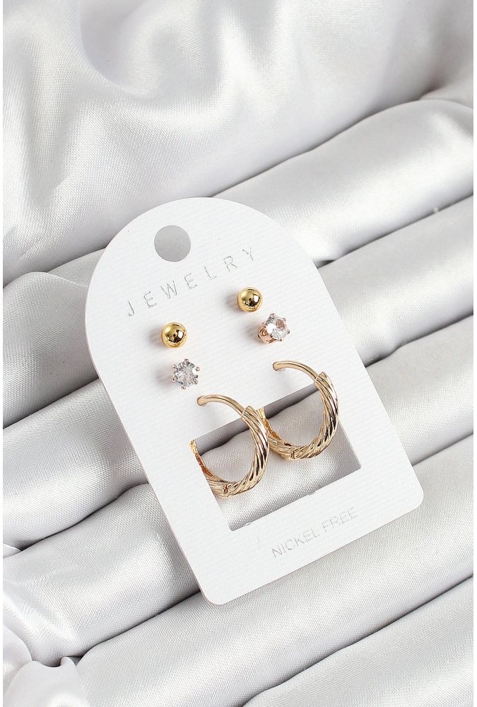 Shoecide Pirinç Zirkon Taş Ve Halka Figürlü Gold Renk 3lü Çift Kadın Küpe Set