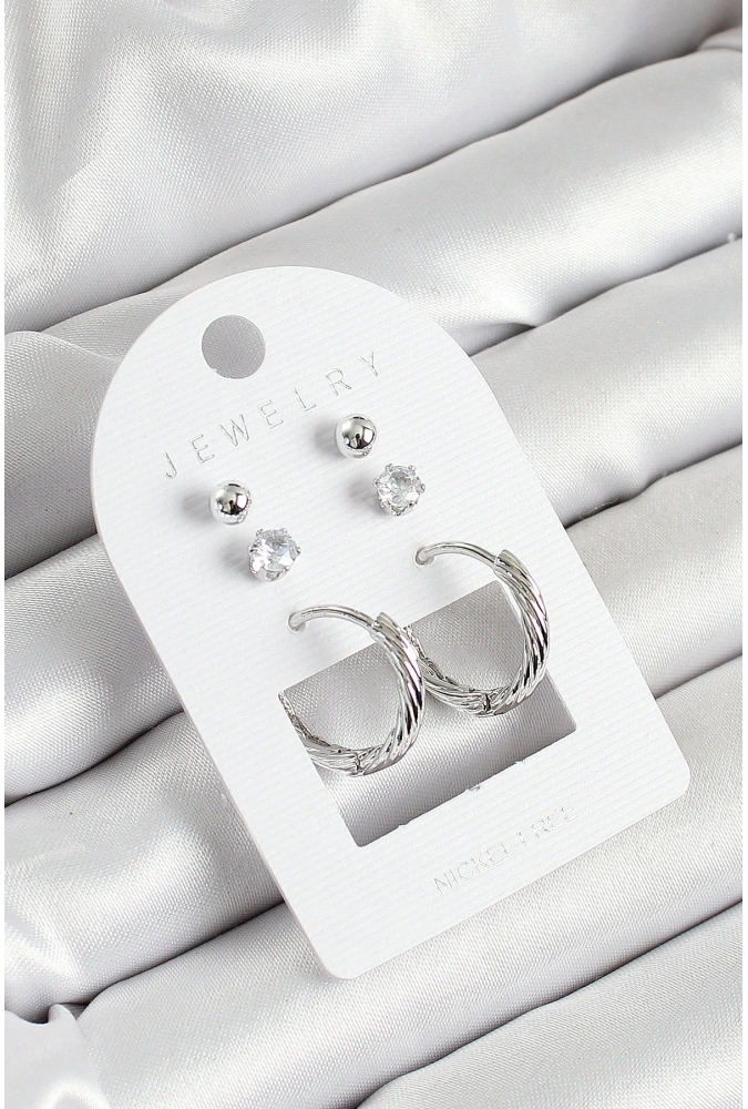 Shoecide Pirinç Zirkon Taş Ve Halka Figürlü Gümüş Renk 3lü Çift Kadın Küpe Set