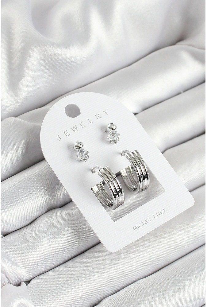 Shoecide Pirinç Zirkon Taş Ve Halka Figürlü Gümüş Renk 3lü Çift Kadın Küpe Set