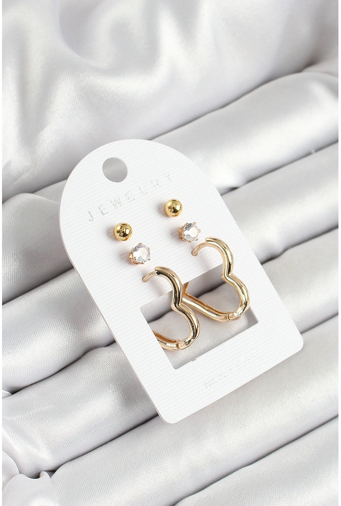 Shoecide Pirinç Zirkon Taş Ve Kalp Figürlü Gold Renk 3lü Çift Kadın Küpe Set